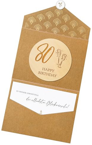 Joli Coon 80 Happy Birthday Holzscheibe mit Klappkuvert und Siegelaufkleber - Geburtstagskarte 80 - Geldgeschenk 80 Geburtstag