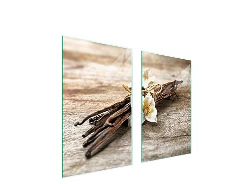 TMK ArtDeko Piastra di copertura per piano cottura in vetroceramica 75 x 52 cm 2 pezzi induzione universale per piani cottura protezione antispruzzo tagliere in vetro temperato, Vaniglia