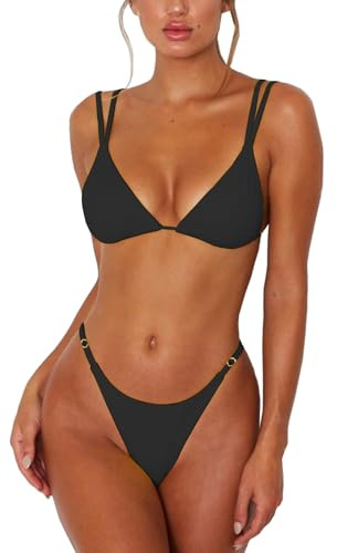 ForBeautyShe Women's Sexy Thong Bottom Two Piece Bikini Double Shoulder Straps Cute Swimsuit Triangle Bathing