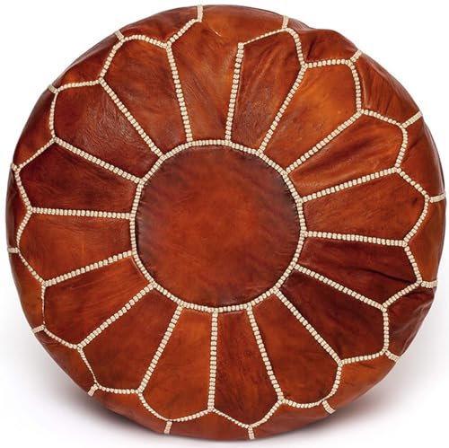 ALMADIH marokkanische Leder Sitzkissen braun Cognac Simple - Gefüllt geliefert - 100% Handarbeit orientalische Bodenkissen Sitzsack Sitzpouf Fußhocker Lederkissen Pouf robust Echtleder (Ottoman CS)