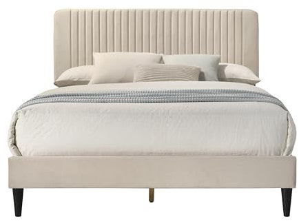 Galano Melrose Upholstered Double Bed – Stylish Fabric Bed Frame with Headboard – Sturdy Wooden Slat Support – Easy Assembly (Beige)