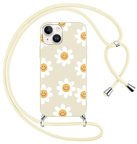 Foonary Handykette Hülle mit Kette für Apple iPhone 14/Apple iPhone 13 6,1 Handyhülle, Blumen Smiley Design Band Necklace Case mit Kordel zum Umhängen Silikon Schutzhülle Cover Schnur für iPhone 14/