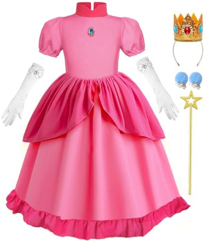 Tyidalin Peach Princesse Déguisement Robe pour Enfant Filles Super Costume Rose Mario avec Accessoires pour Halloween Carnaval Anniversaire