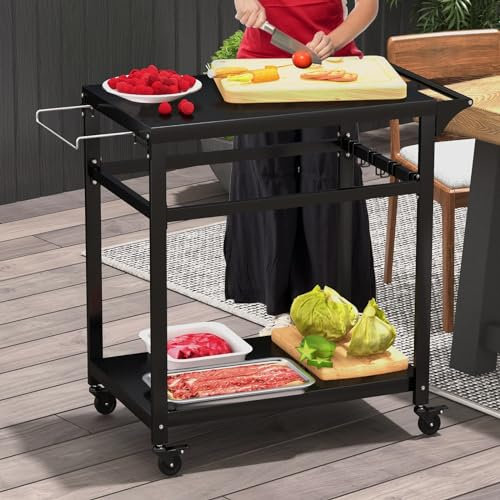 GYMAX Carrello per Grill da Esterno, Carrello da Cucina con Ripiano, Ganci, Ruote Bloccabili e Maniglia Laterale, Ideale per BBQ da Giardino