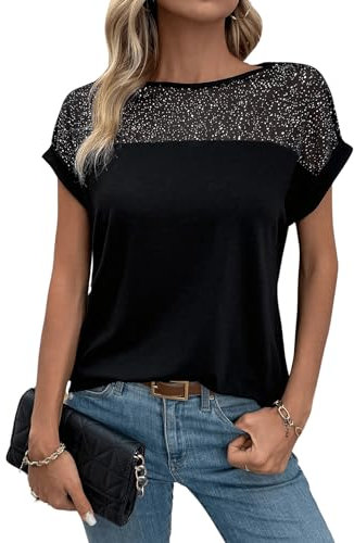 GORGLITTER Damen Oberteil mit Pailletten Top OL Casualshirt Sommershirt Tshirt Kurzarm mit Rundhals Schwarz XL