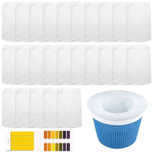 ZOCONE 40PCS Blanco Calcetines Skimmer Piscina Filtro Reutilizables Calcetines Skimmer Universal con Papel de Prueba de PH Calcetines para Cesta Piscina Bolsas para Filtros para Capturar Hojas Cabello