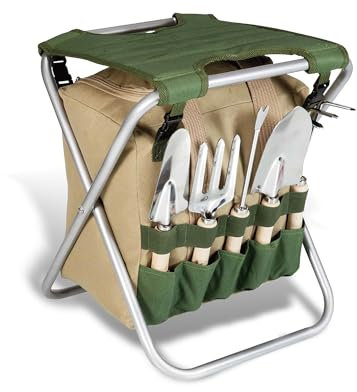 BIKAIN - Taburete Plegable de Jardin - Juego de Herramientas - Bolsa de Almacemiento con Cremallera - Incluye 5 Herramientas con Mango de Madera