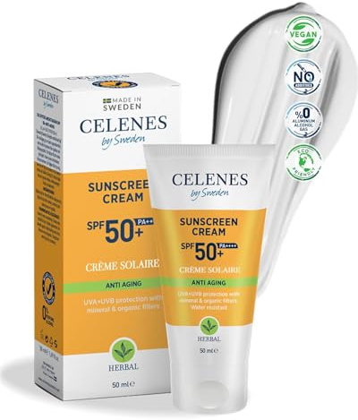 Celenes by Sweden Kräuter-Sonnenschutzcreme SPF50+ Anti-Aging - Avocadoöl & Vitamin E, Wasserfest, Mineralische & Organische Sonnenfilter, Keine Weißen Rückstände, Frei von Parabenen & Parfum - 50ml