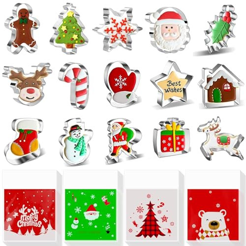 15 Piezas Moldes Galletas de Navidad Cortador Galletas de Acero Inoxidable con 100 Piezas Bolsitas para Galletas Regalos