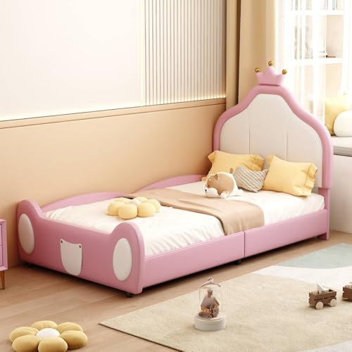 PUGSDRLY Lit Enfant 90x200cm,Lit 1 Place,Tête de lit avec moulures en Couronne,Design Patchwork Bicolore Lit d'enfant Rembourré,Cadre de Lit,sans Matelas (Rose)