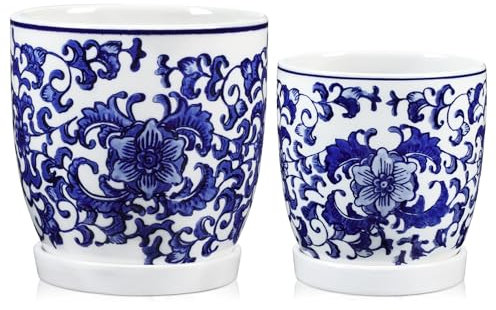 Lot de 2 pots de fleurs, en céramique, bleu et blanc, avec trous de drainage et soucoupes, petits pots en céramique, pour plantes succulentes, cactus, intérieur et extérieur, jardin, rebord de fenêtre