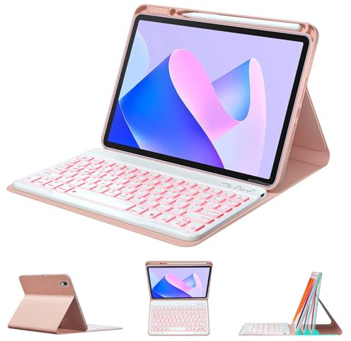 Custodia con Tastiera per Huawei Matepad 11 2023 (DBR-W10)/11 2021 (DBY-W09), 7 Colori Retroilluminati, Tastiera Magnetica Staccabile Senza Fili Bluetooth con Supporto per Matita,Rosa