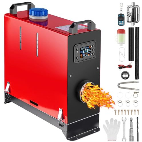 QWBDNMQP All-in-One Diesel Heater 5KW/8KW 12V/24V with Remote Control LCD Display Muffler Fast Heating Defrost Defogger for Campers, Home, RV, Van, Boat, SUV, Garage - Red
