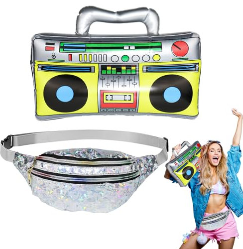 ROSAUI Aufblasbarer Ghettoblaster und Bauchtasche Set, 80er 90er Jahre Outfit Accessoires für Damen und Herren, Aufblasbare Radio Kostüm Accessoires Karneval Fasching Mottopartys Disco Festival