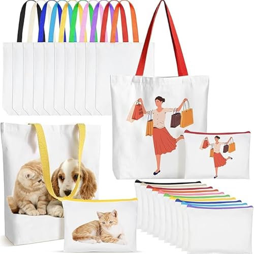 TESIN 20 Stück Sublimationsfähige Tragetaschen aus Segeltuch – 10 große & 10 kleine Baumwoll-Stofftaschen, wiederverwendbare Einkaufstaschen, DIY Basteltaschen für Wärmeübertragung und zum Bedrucken