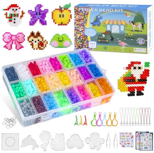 NATNAV 7300 Stück 24 Farben 5mm Bügelperlen Set mit 5 Bügelperlen Platten, 67 Mustern, Geschenk für Kinder