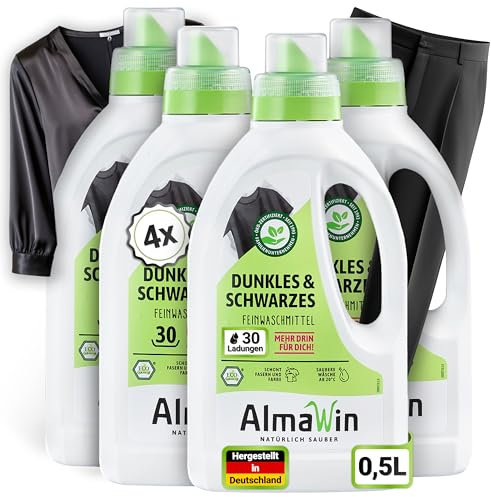 AlmaWin® Waschmittel Schwarze Wäsche [4x750ml - 120 Ladungen] für strahlende Farben frei von Verblassen - Veganes Waschmittel schwarz für schonende Reinigung mit Waschnuss [20-60°C]