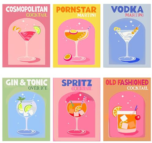 Pipihome Peinture par Numero Adulte, 6 Pièces Peinture à L'huile Sur Toile, Kits de Peinture à Cocktail Rétro par Numéros pour Adultes et Débutants, Kit de Peinture pour Décoration Murale (A)