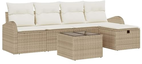 vidaXL Garten-Sofa-Set mit Kissen mit Speicher 6 pcs Beige Poly Rattan, Garten und Terrasse, Modulares Outdoor-Sofa-Set, robuster Loungesitz, wetterfest, verstellbare Füße, vielseitige Möbel