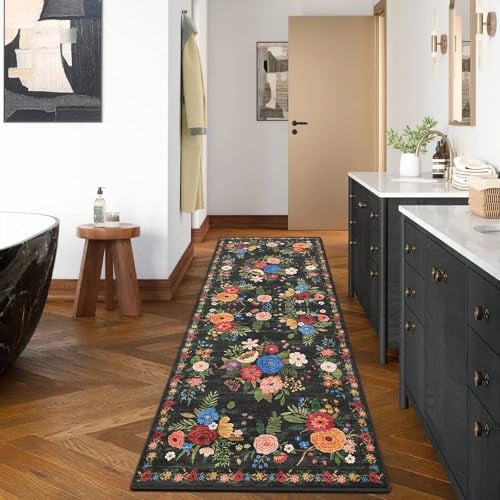 Küchenteppich Flur Teppich 60x180cm, Blumen Teppich Kurzflor, Küchenteppich Waschbar, Flurteppich Läufer Lang Rutschfester für Küche, Bettvorleger Schlafzimmer, Büro, Flur, Eingangsbereich, Schwarz