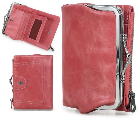 CONTACTS RFID-Brieftasche für Damen, mit Kussschloss, kompakt, zwei Klappen, aus Leder, mit Reißverschlusstasche, Kreditkartenhalter, klein, mit Sichtfenster für Ausweis, Rot, Beige Rosa., Klassisch