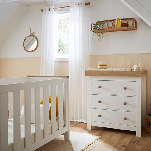 CuddleCo Luna Nursery Furniture Set, 2 Piece, White & Oak | Convertible Baby Cot Bed, Baby Changing Table with Drawers