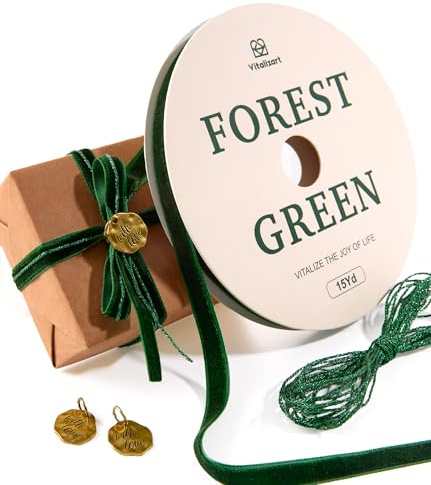 Vitalizart Nastro in Velluto Verde 0,95 cm x 13,7 m con Spago & Ciondoli Metallici, Nastro in Tessuto Continuo per Confezioni Regalo Natalizie, Fiocchi, Decorazioni per l'Albero, Decorazioni Festive