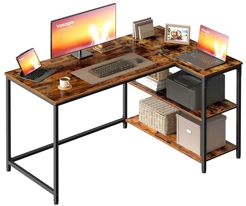 VASAGLE Scrivania Angolare a L, Scrivania Gaming per Computer con Scaffale Reversibile, Ripiano Regolabile in Altezza, per Studio Ufficio, 120 x 80 cm, Marrone Vintage LWD136KD01