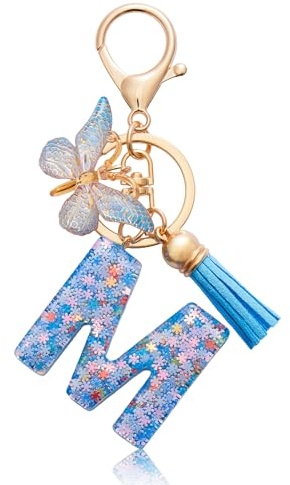 CHUQING Porte clé femme Lettre Papillon et Pompon | Porte Clef Femme Lettre Initiale en Résine avec Papillon et Mini Pompon