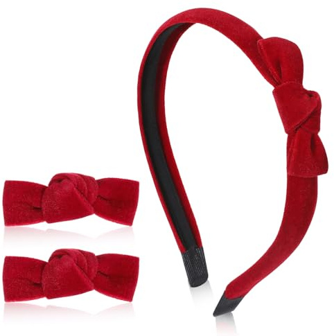 WJIAAA Lot de 3 serre-têtes en velours rouge et nœud rouge - Serre-tête avec pinces pour femmes et filles