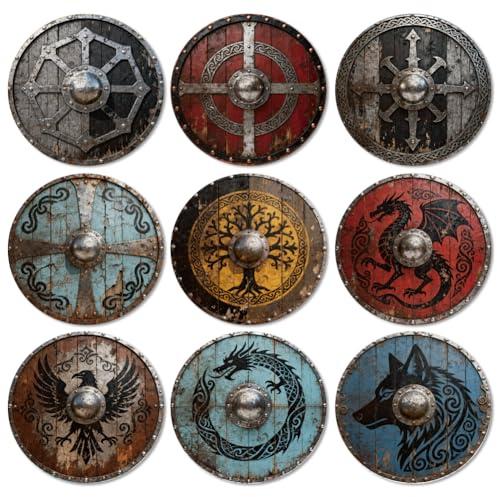 ANATTASOUL 9 Stück Wikinger-Schilde Im Retro-Stil Untersetzer für Zuhause | Holzuntersetzer Rund Coaster Wiederverwendbare Glasuntersetzer ,Tasse Coaster Mat für Büro und Bar Tischdeko Sommer