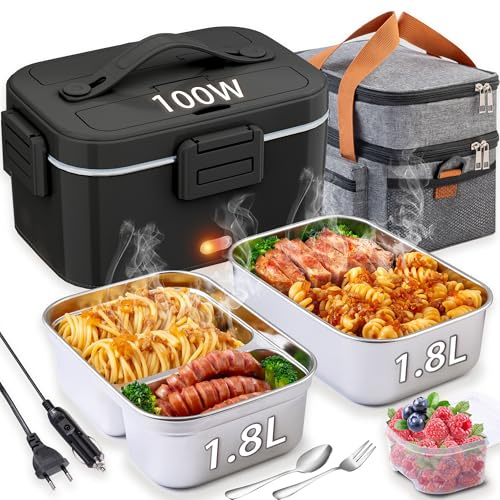 Kimfead Scaldavivande Elettrico Portatile 100W 1,8Lx2 12V/24V/220V | Riscaldamento Rapido 20-30 Min, Acciaio Inox 304, Porta Pranzo Riscaldabile, per Auto Camion Ufficio Casa