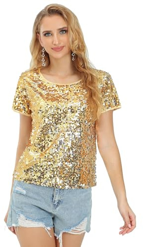 Damen Pailletten Oberteil Glitzer Tops Kurzarm Rundhals T-Shirt Club Casual Elegant Festliche Blusen Disco Sommer Party Outfit