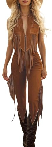 Generico Donna Salopette in Pelle Scamosciata Costume da Cowgirl Western Hippie Pantaloni Larghi da Cowboy Vintage con Nappe