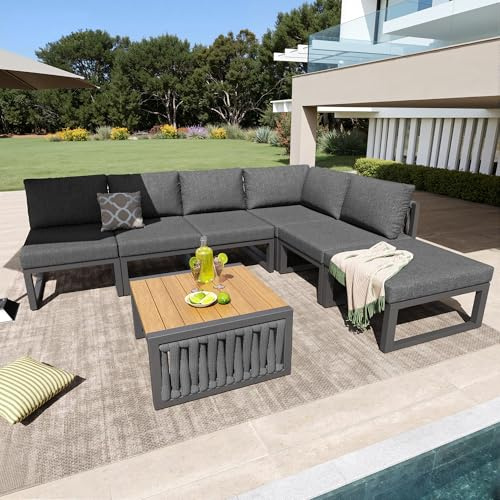 Xwiny Gartenmöbel Set, Garten Loungesessel für 6 Personen mit Verstellbarer Rückenlehnenwinkel, 7-teiliges, 2 Sessel-Sofa, 2 Ecksofa, 2 Einzelsitz, 1 Tisch, Alle Kissen Inklusive (Grau)