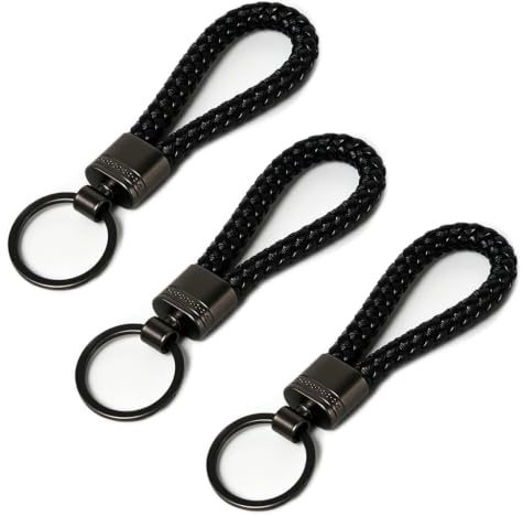 Lot de 3 Porte Clef Cuir Tressé Voiture Femme Homme, Porte Clés Original Multifonction avec Anneau, Porte Clef Maison Moto, Accessoire Keychain Pratique et Élégant ,Noir, Motif Pistolet Mat