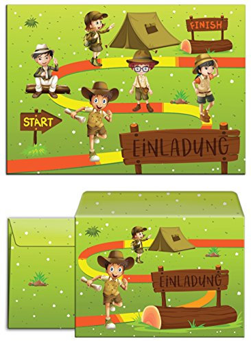12 Einladungskarten zum Kindergeburtstag Abenteuer-Party incl. 12 Umschläge/Schatzsuche/Outdoor/Einladungen zum Geburtstag für Mädchen und Jungen (12 Karten + 12 Umschläge)