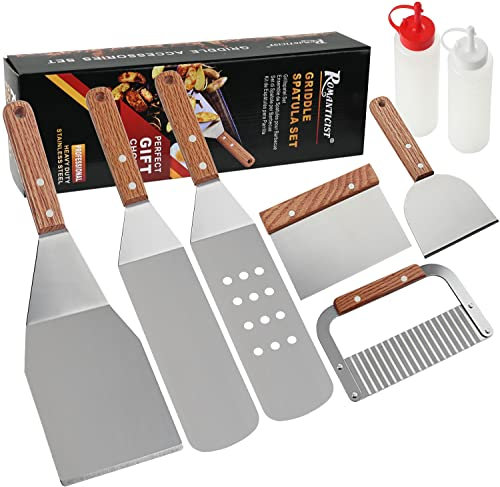 ROMANTICIST 8pcs Professional Griddle Accessories Kit - Heavy Duty Stainless Steel Grill Spatula Set for Grill Griddle Hibachi Flat Top Outdoor Cooking - Great Grill Gift on Birthday Wedding