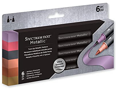 Spectrum Noir Metallic Shimmering Finish with Vivid Colour Dual-Tipped Markers - Featuring A Brush And Bullet Nib - Perfect For Black/Dark Surfaces - Pack of 6 - Antique Elements
