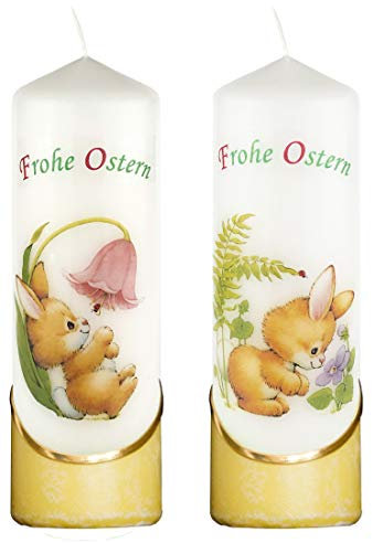 Meissner-Handel Auswahl * 2 Stück Osterkerze Stumpenkerze Osterdeko * 6 x 18 cm * mit farbigen Wachs- und Bildauflagen * Auswahl Motiv + Farbe * gelb * (Serie 1 - Set 01/02)