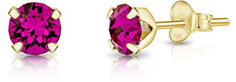 Aretes Pequeños Mujer Plata de Ley 925 Chapados Oro con Cristales Swarovski Fucsia 5 mm - Pendientes Fucsia - Pendientes Pequeños Oro