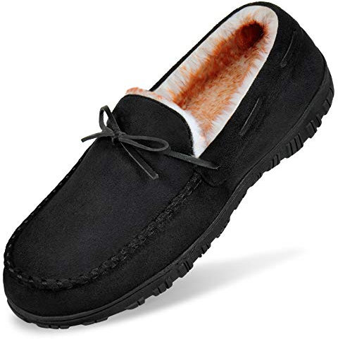 MIXIN Men's Cosy Slippers Size 9 Anti-Slip Faux Fur House Shoes with Memory Foam Black