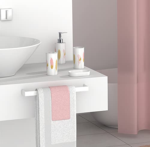 FurnitureXtra Modern Design 7 Piece Plastic Bathroom Accessory Set, Soap Dish, Tooth Brush Holder, Soap Dispenser, Tumbler, Shower Curtain, Curtain Rings and Bathmat (Pink)