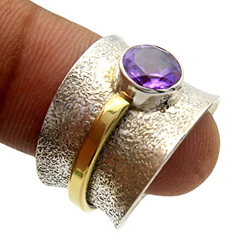 Amethyst 925 Sterling Silber Ringe für Frauen, lila Brautjungfernringe, runde Edelsteinringe, Breitbandringe, Lünette Set, handgefertigte Ringe, Muttertagsgeschenk
