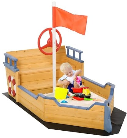 Outsunny Sand pit Kids Children Sandpit Wooden Pirate Ship Sandboat Outdoor Backyard Playset w/Bench Bottom Liner