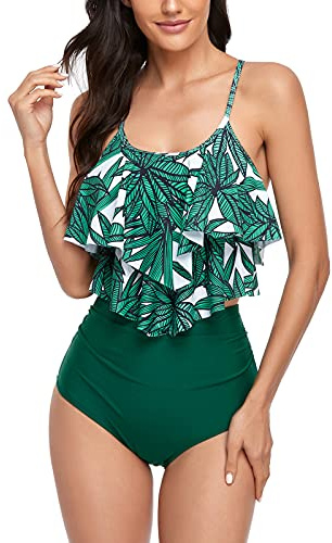FLYILY Maillot de Bain Tankini pour Femme Haut Double à Volants Taille Haute Maillots de Bain 2 pièces Maillots de Bain(2-Bamboo,S)