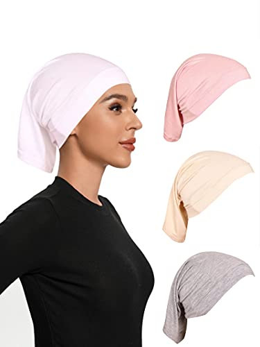 Lot de 4 bonnets hijab pour femme, Blanc/rose poudré/beige/gris clair, 12 × 8