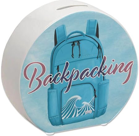 Spardose für Rucksacktouristen mit Rucksack Motiv und Text - Backpacking als lustige Spardose für den nächsten Backpacktrip oder als Geschenk für Backpacker die eine große
