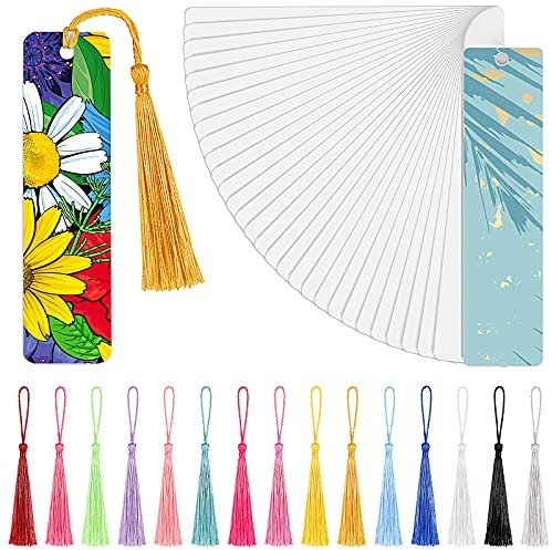 Tenare 80 Stück Sublimation Leeres Lesezeichen Sublimation Metall Aluminium DIY Lesezeichen mit Loch und Bunten Quasten für Geburtstag Hochzeit, Quasten Leeres Lesezeichen, Einseitiger Druck
