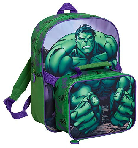 MARVEL The Hulk Sac à dos avec déjeuner pour enfants d'école 2 pièces Ensemble repas isotherme assorti, Vert, Taille unique,